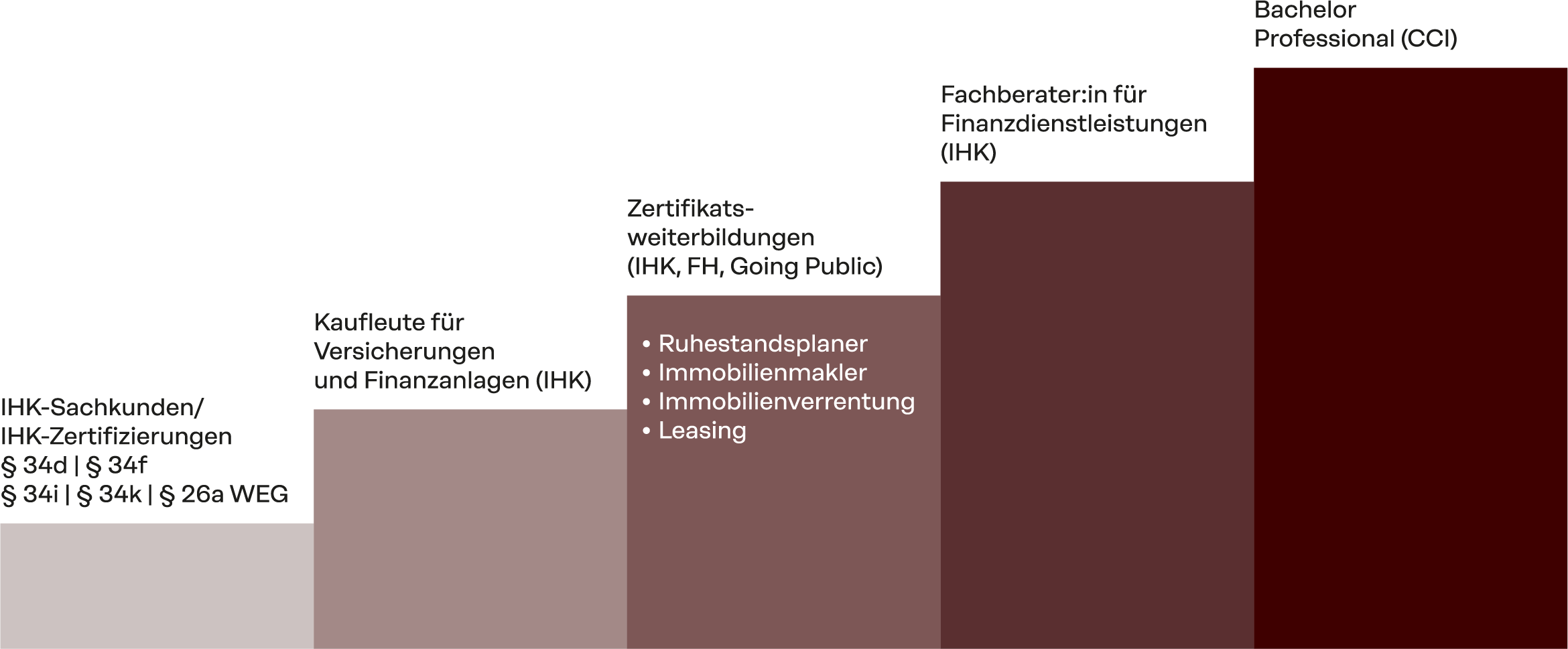 Grafik der Going-Public-Qualifikationstreppe: f&uuml;nf aufsteigende Stufen in abgestuften Rott&ouml;nen, von der Grundqualifikation bis zur Spitzenqualifikation.